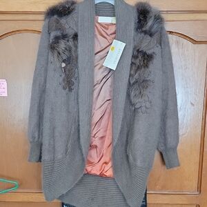 Belldini Taupe Fur-Trimmed Cardigan